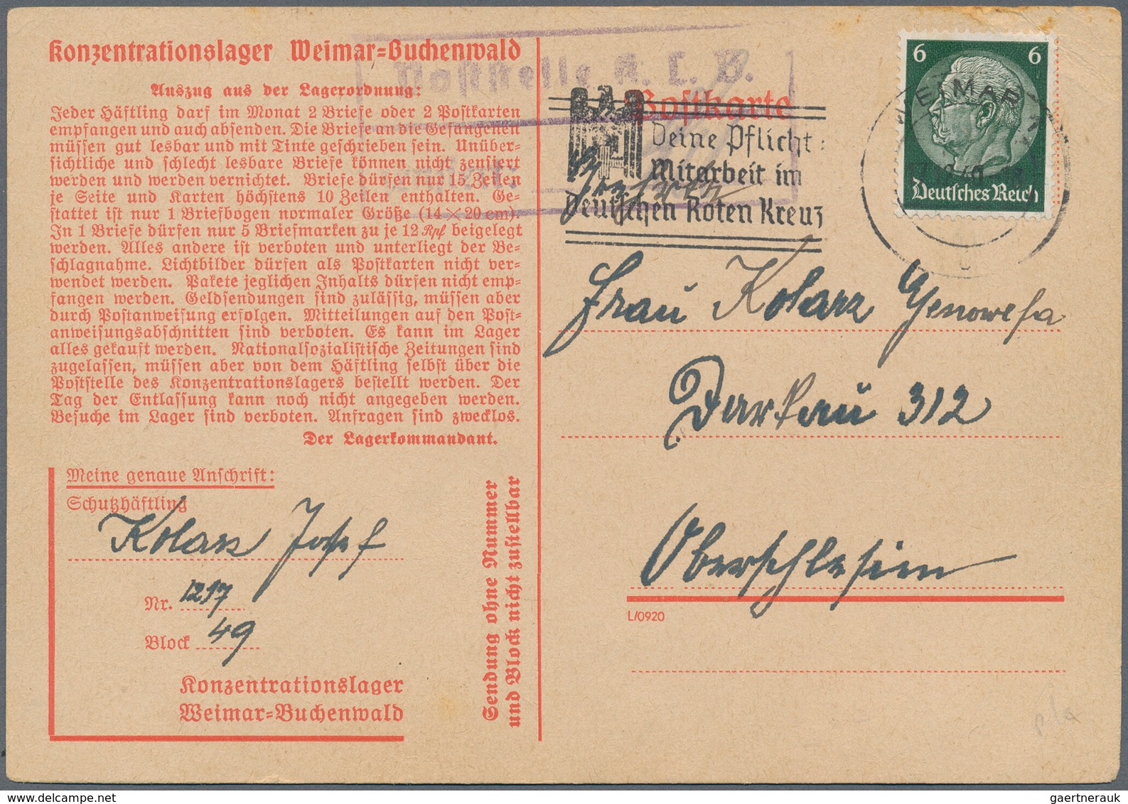 KZ-Post: KZ BUCHENWALD: 1940, Vordruck-Postkarte Nach Oberschleißheim - Covers & Documents
