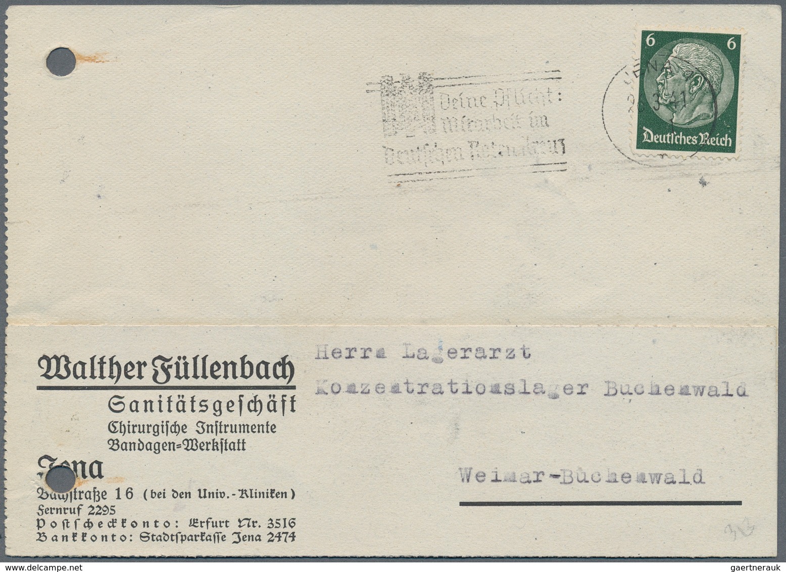 KZ-Post: KZ BUCHENWALD: 1941, Postkarte An Den Lagerarzt Von Einem Sanitätsgeschäft In Jena, Reg.-Lo - Briefe U. Dokumente