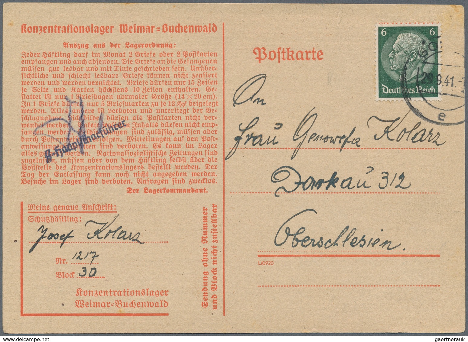 KZ-Post: KZ BUCHENWALD: 1941, Vordruck-Postkarte Aus Dem Seltenen NEBENLAGER GOSLAR Mit Zensur Durch - Lettres & Documents