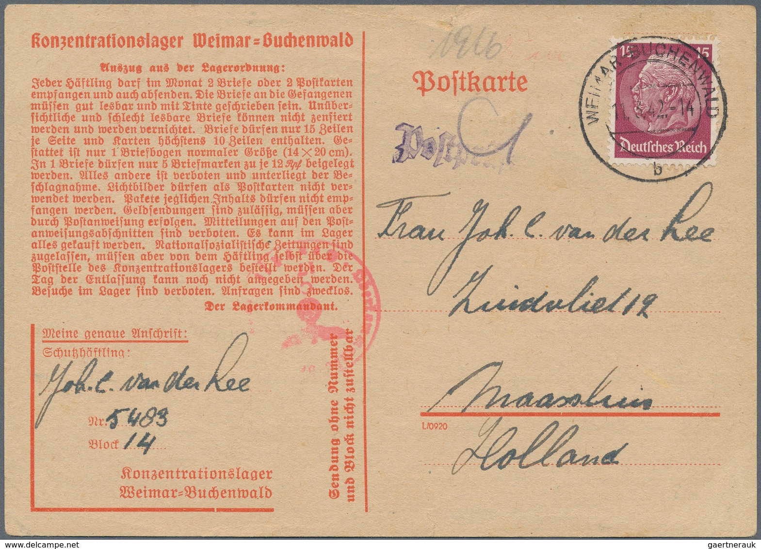 KZ-Post: KZ BUCHENWALD: 1942, Postkarte Eines Gefangenen An Seine Frau In Rybnik/Polen (Schlesien) M - Covers & Documents