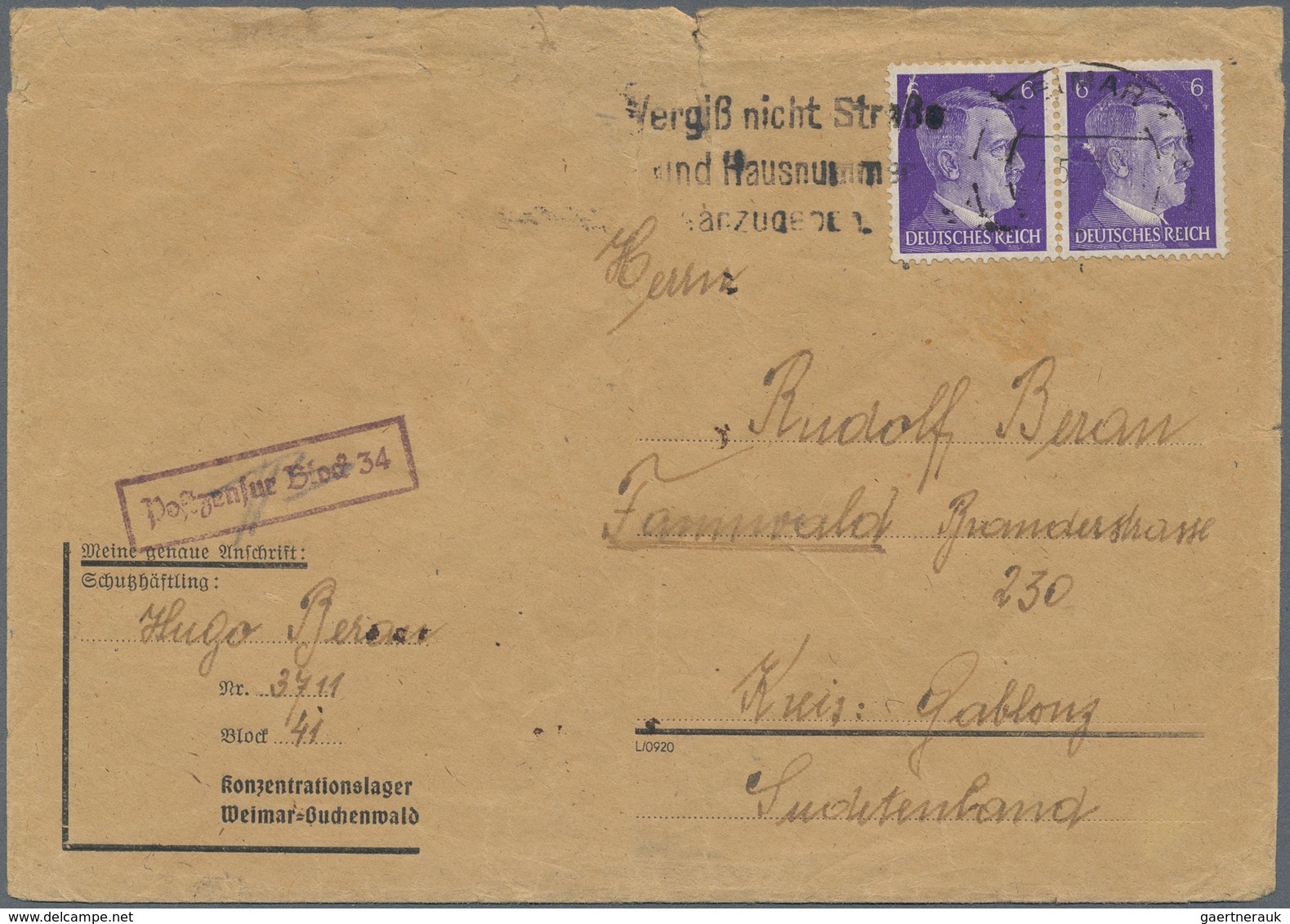 KZ-Post: KZ BUCHENWALD: 1942, Vordruck-Briefumschlag Mit Violettem Zensur-Ra1 "Postzensur Block 34" - Briefe U. Dokumente