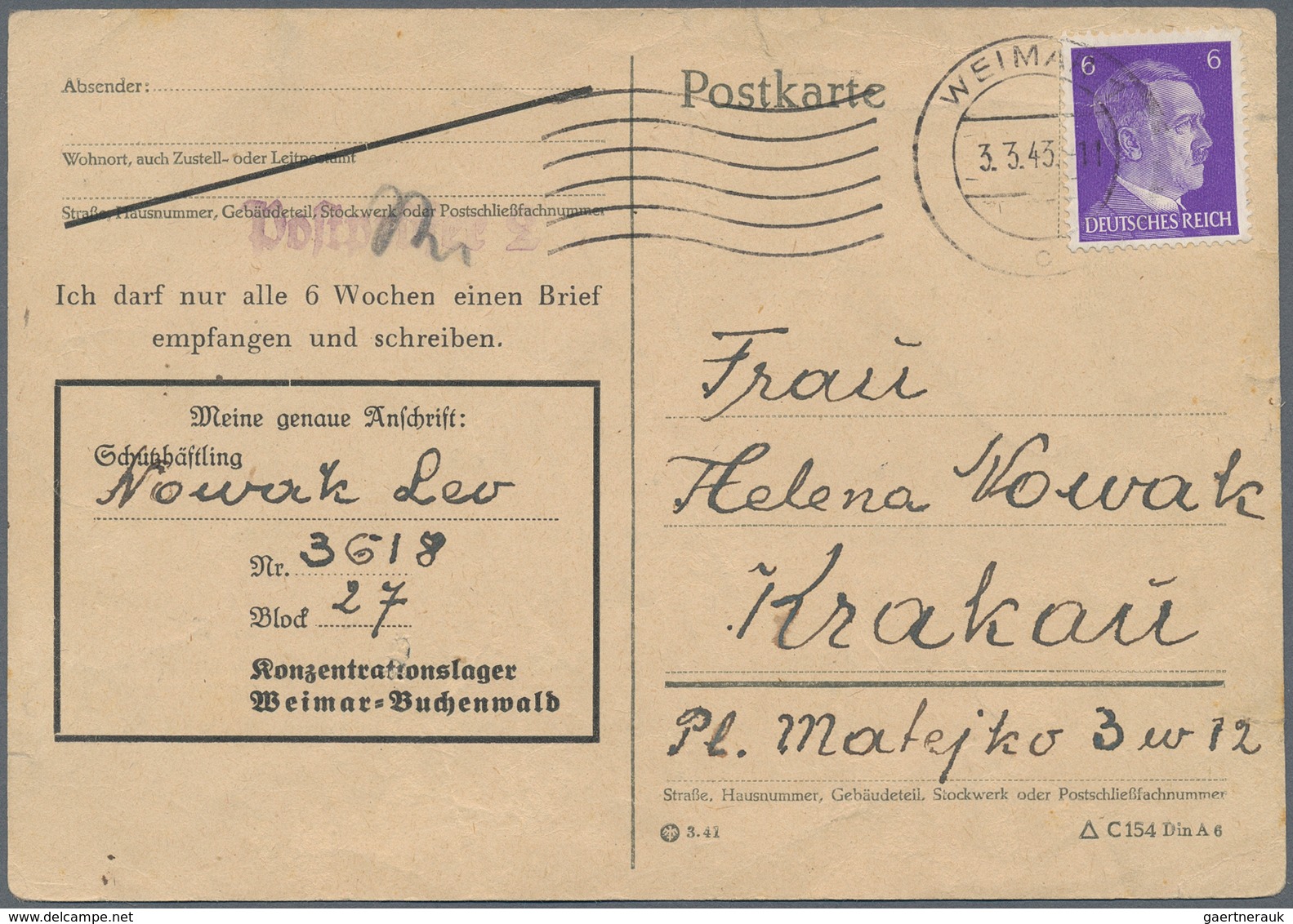 KZ-Post: KZ BUCHENWALD: 1943, Anschriften-Postkarte Aus Dem KZ Nach Krakau - Lettres & Documents