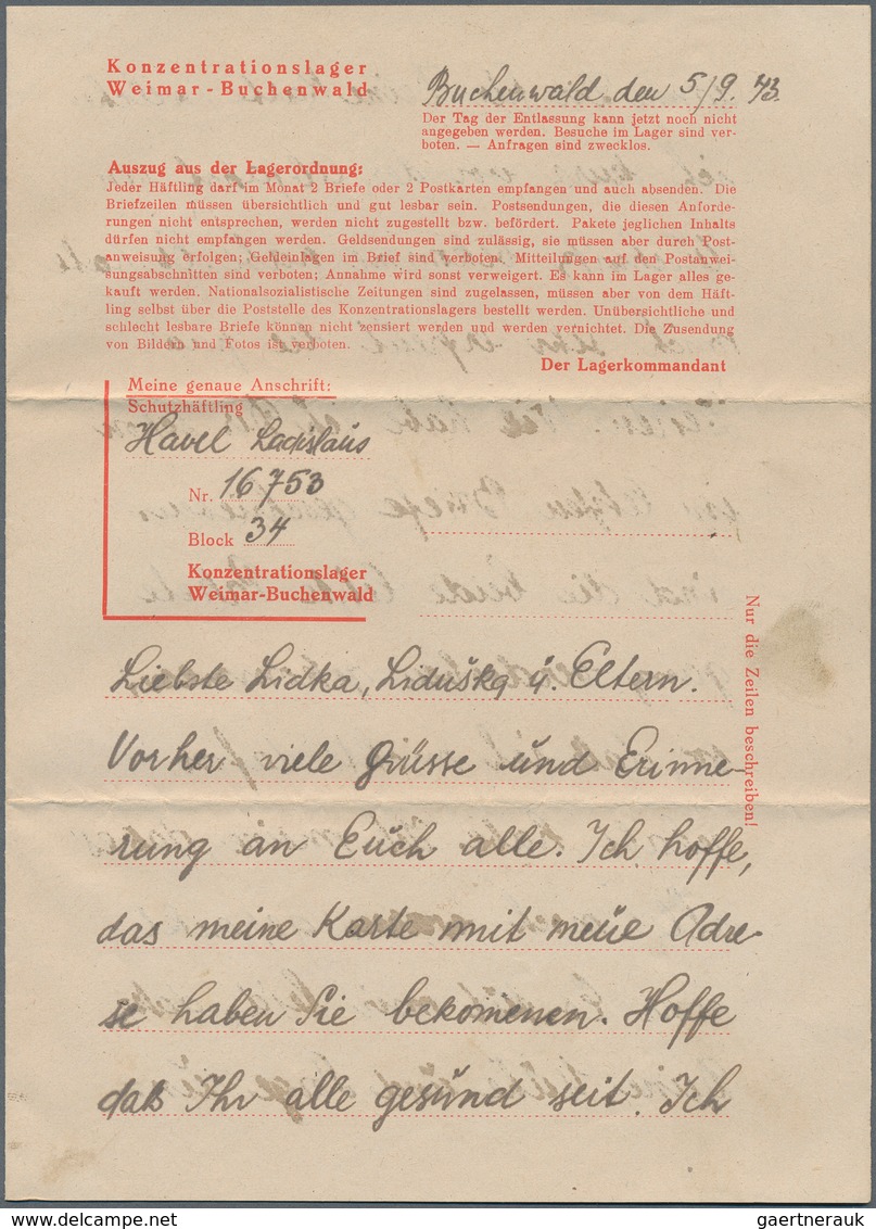 KZ-Post: KZ BUCHENWALD: 1943, Kompletter Vordruckbrief, Gefangener Wurde Aus Dem KZ Auschwitz Nach B - Briefe U. Dokumente