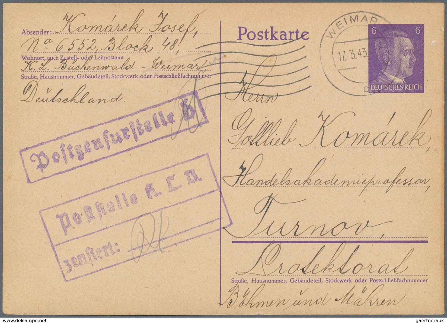 KZ-Post: KZ BUCHENWALD: 1943, Ganzsachenkarte Mit 2-fachem Zensurstempel Nach Turnov - Lettres & Documents