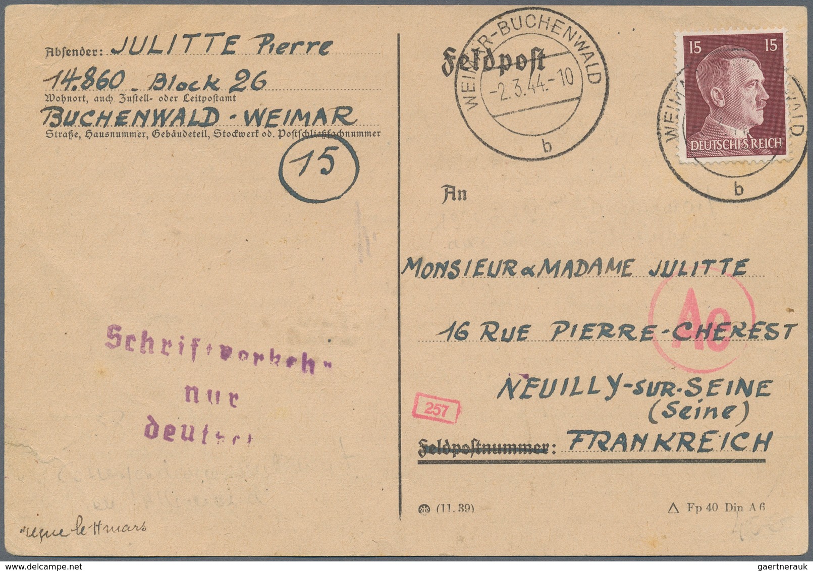 KZ-Post: KZ BUCHENWALD: 1944, Frankierte Feldpostkarte Eines Französischen Gefangenen Nach Frankreic - Briefe U. Dokumente