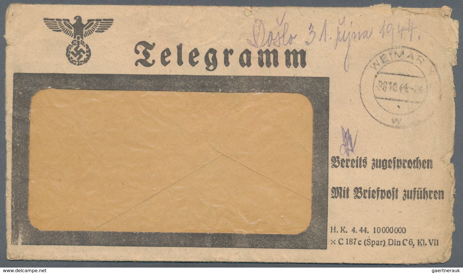 KZ-Post: Weimar-Buchenwald: 1944, Telegramm An Einen Schutzhäftling In Block 36 Mit Text "...Vater T - Covers & Documents