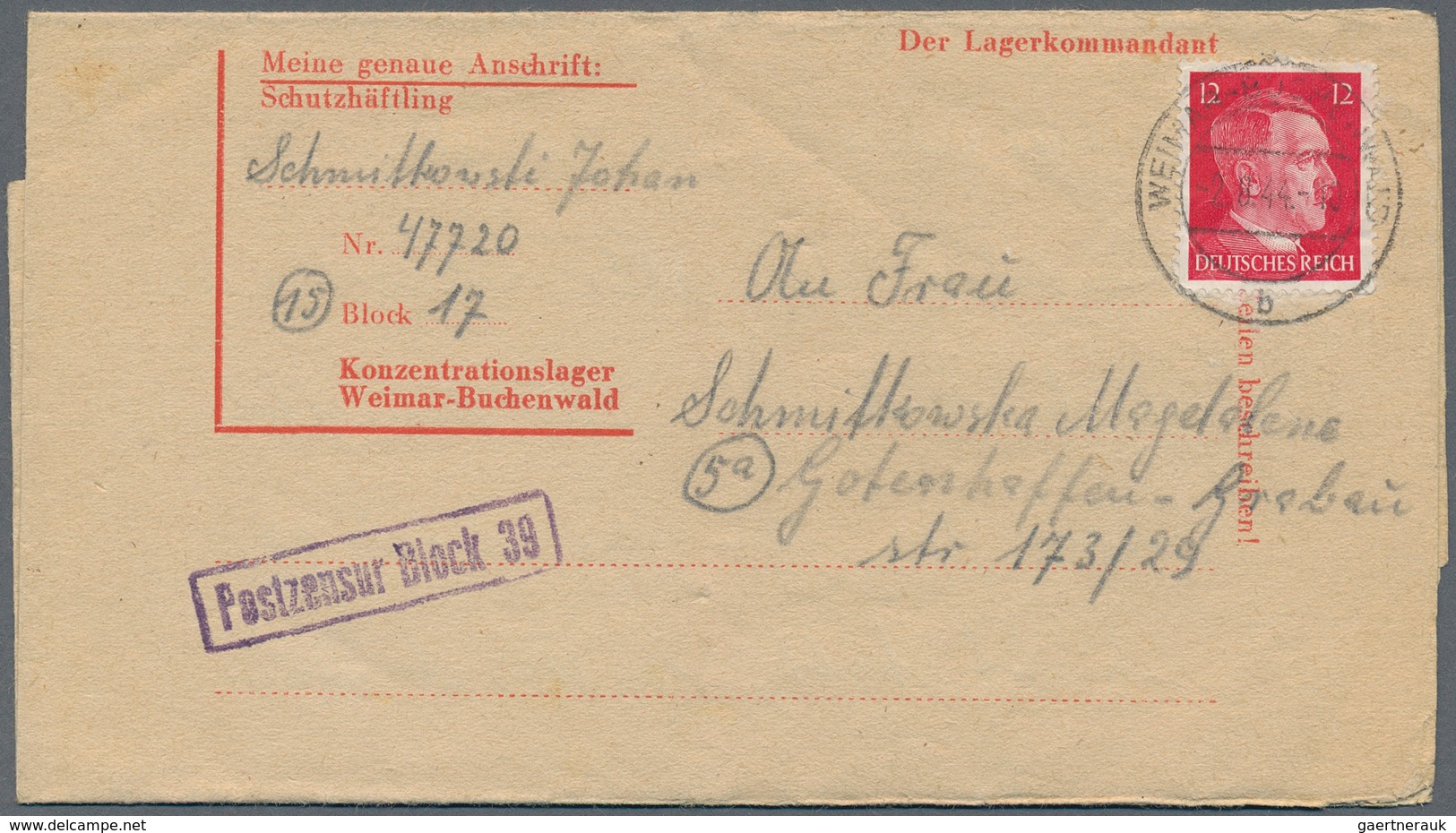 KZ-Post: KZ BUCHENWALD: 1944, Vordruck-Faltbrief Nach Gotenhafen - Lettres & Documents