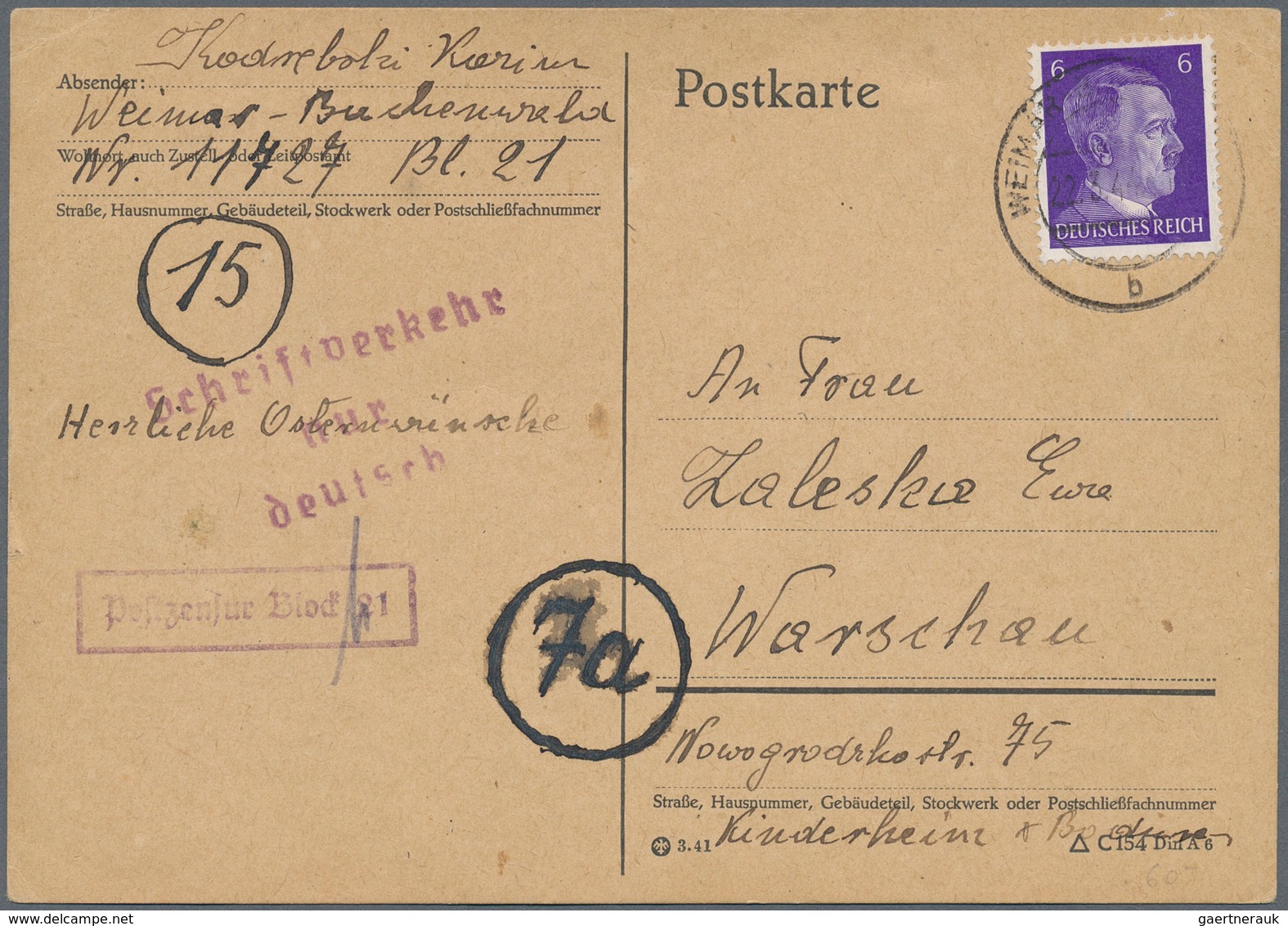 KZ-Post: KZ BUCHENWALD: 1944, Postkarte Mit Zusatzstempel "Schriftverkehr Nur Deutsch" Nach Warschau - Covers & Documents