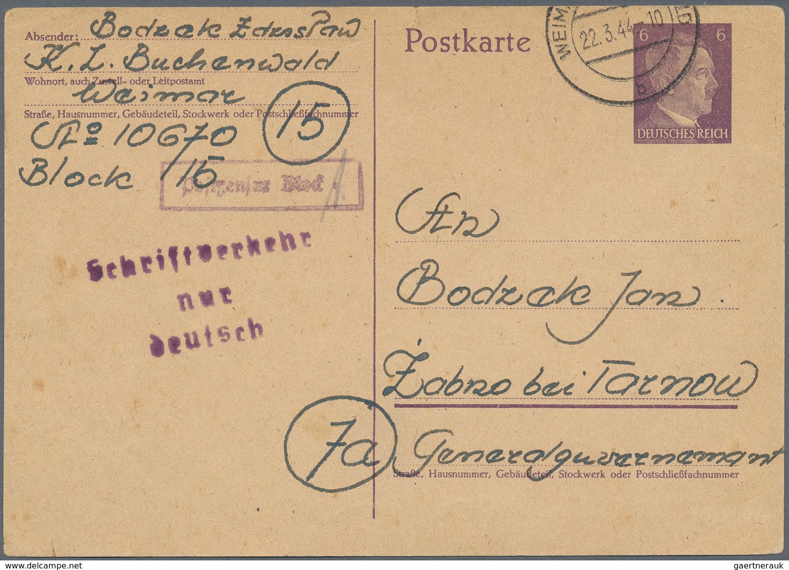 KZ-Post: KZ BUCHENWALD: 1944, Ganzsachenkarte Mit Zusatzstempel "Schriftverkehr Nur In Deutsch" Ins - Briefe U. Dokumente