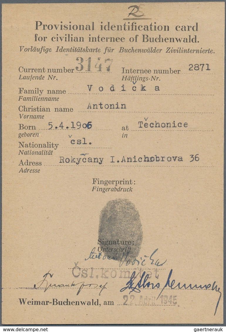 KZ-Post: KZ BUCHENWALD: 1945, Provisorischer Ausweis Vom 14.Mai Ohne Bild Mit Fingerabdruck, Ausgest - Lettres & Documents