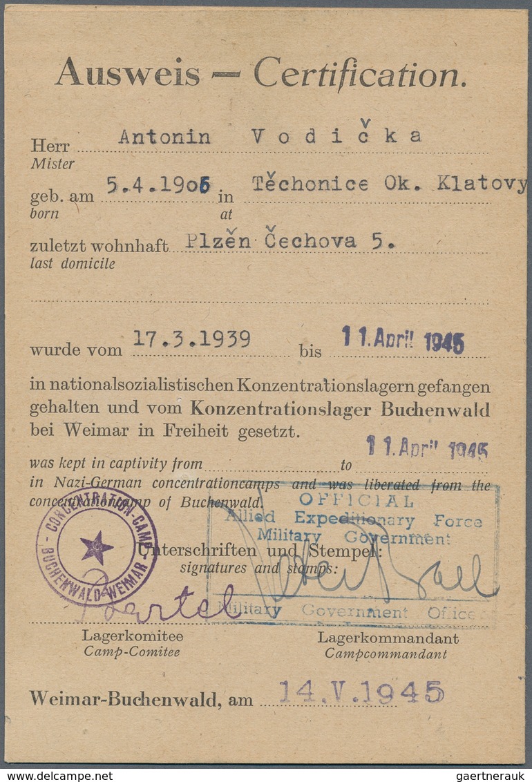 KZ-Post: KZ BUCHENWALD: 1945, Provisorischer Ausweis Vom 14.Mai Ohne Bild Mit Fingerabdruck, Ausgest - Lettres & Documents