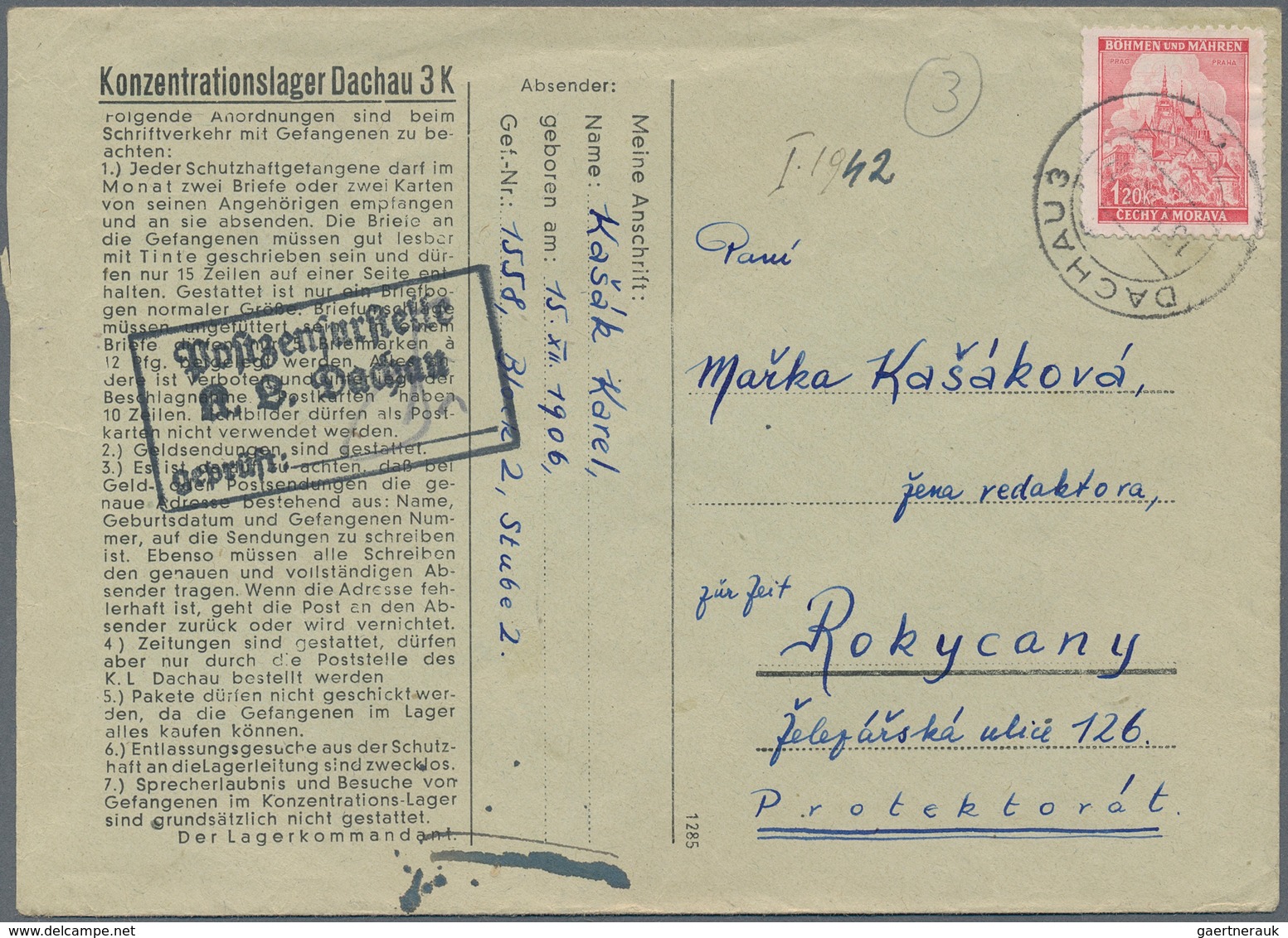 KZ-Post: KZ DACHAU: Brief An Einen Gefangenen An Die Deutsche Versuchsanstalt Für Ernährung Und Verp - Lettres & Documents