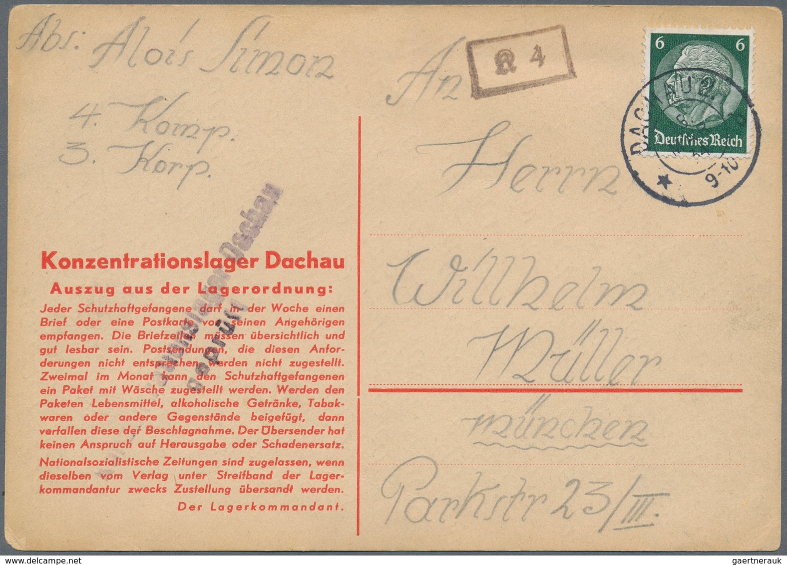 KZ-Post: KZ DACHAU: 1934, Frühe Postkarte Mit Kompanie Und Körper Einteilung, Das KZ Dachau Wurde Im - Briefe U. Dokumente
