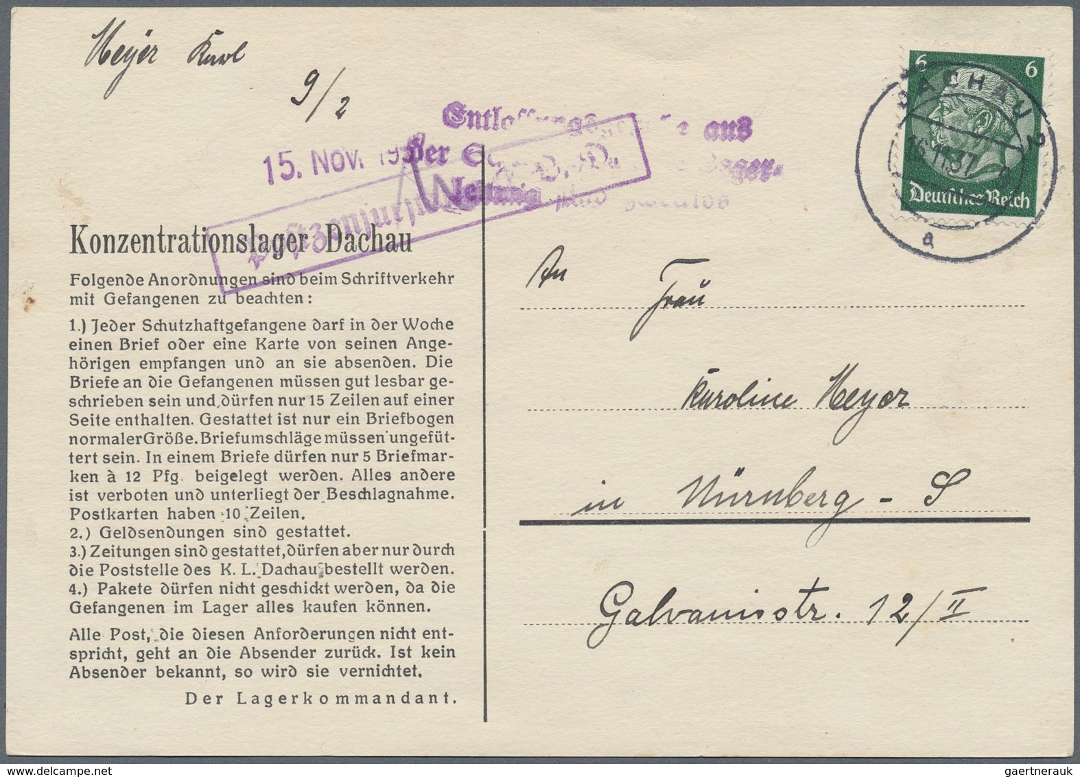 KZ-Post: KZ DACHAU: 1937, Frühe Postkarte Ohne Gefangenennummer Mit Seltenem Zusatzstempel "Entlassu - Covers & Documents