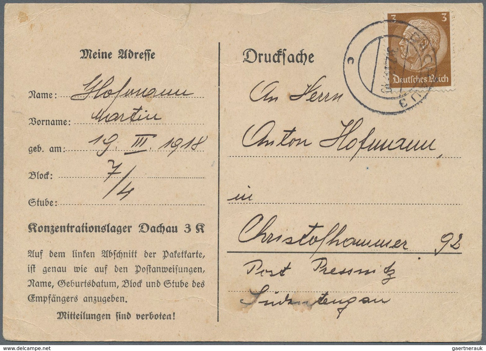 KZ-Post: 1938 (3.12.), Vordruckkarte Des Konzentrationslagers Dachau 3 K (mit Fünf Rückseitigen Anwe - Covers & Documents
