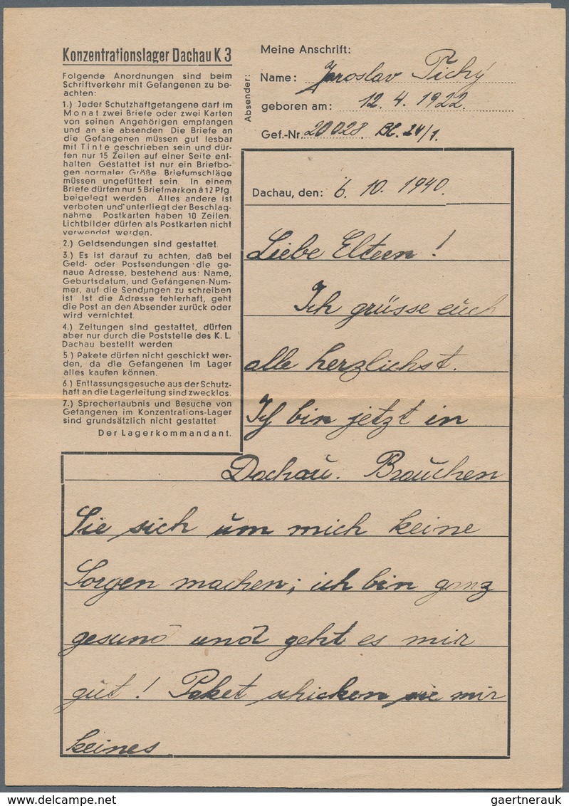 KZ-Post: KZ DACHAU: 1940, Kompletter Vordruck-Brief Mit Text Und Einlagezettel "Die Zusendung Von Be - Covers & Documents