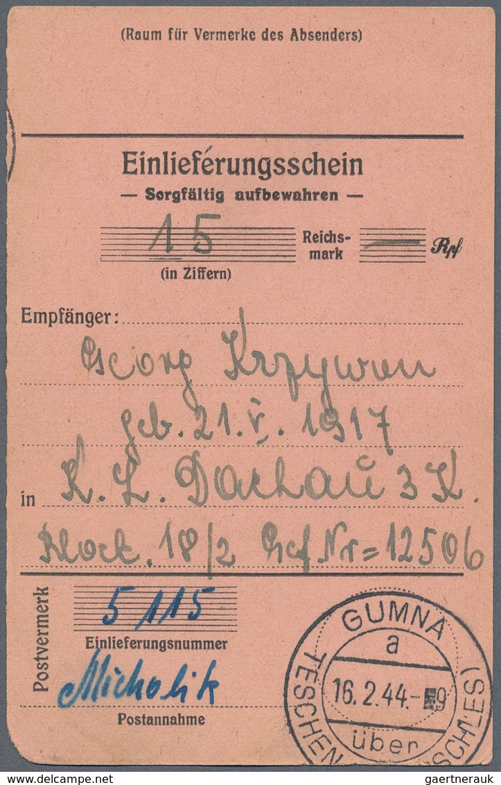 KZ-Post: KZ DACHAU: 1940/1944, 4 Einlieferungsscheine Für Geldempfang, Alle Für Den Gleichen Gefange - Briefe U. Dokumente