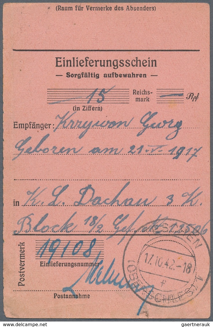 KZ-Post: KZ DACHAU: 1940/1944, 4 Einlieferungsscheine Für Geldempfang, Alle Für Den Gleichen Gefange - Briefe U. Dokumente