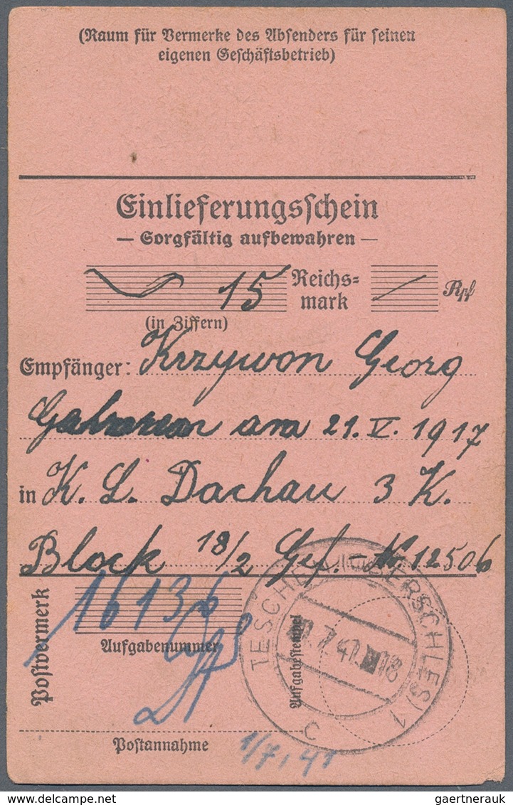 KZ-Post: KZ DACHAU: 1940/1944, 4 Einlieferungsscheine Für Geldempfang, Alle Für Den Gleichen Gefange - Briefe U. Dokumente