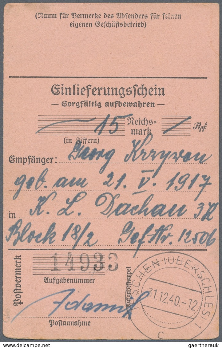 KZ-Post: KZ DACHAU: 1940/1944, 4 Einlieferungsscheine Für Geldempfang, Alle Für Den Gleichen Gefange - Covers & Documents