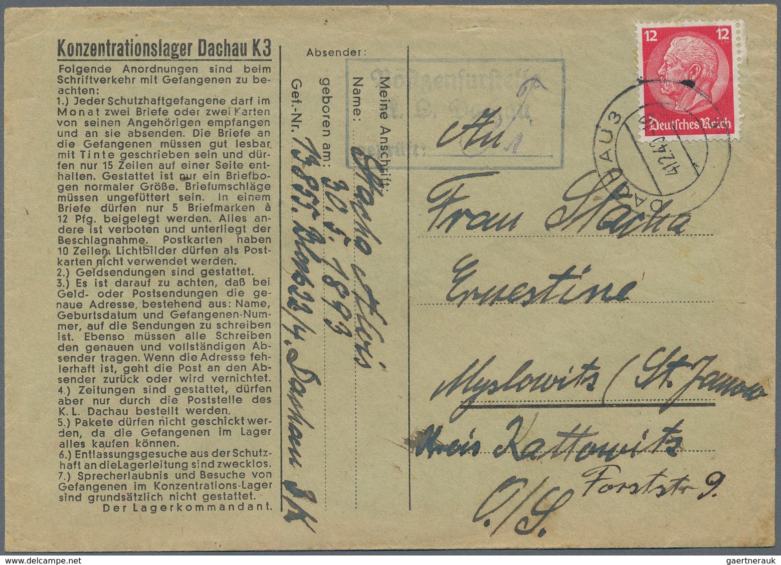 KZ-Post: KZ DACHAU: 1940, Vordruck-Briefumschlag Nach Myslowitz - Lettres & Documents