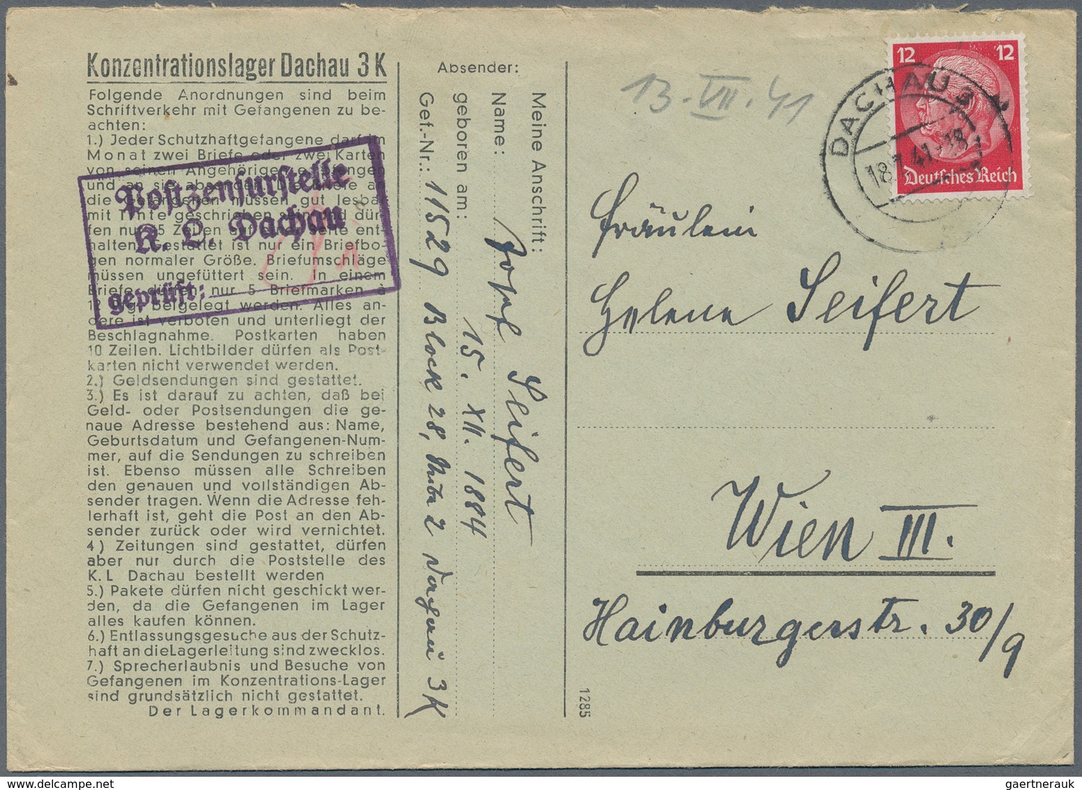 KZ-Post: KZ DACHAU: 1941, Kompletter Vordruck-Brief Mit Text Nach Wien - Lettres & Documents