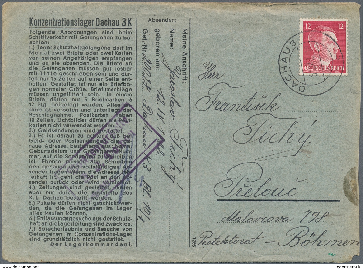 KZ-Post: KZ DAUCHAU: 1942, Kompletter Vordruckbrief Mit Text Und Einlieferungsschein über 5 RM An De - Lettres & Documents