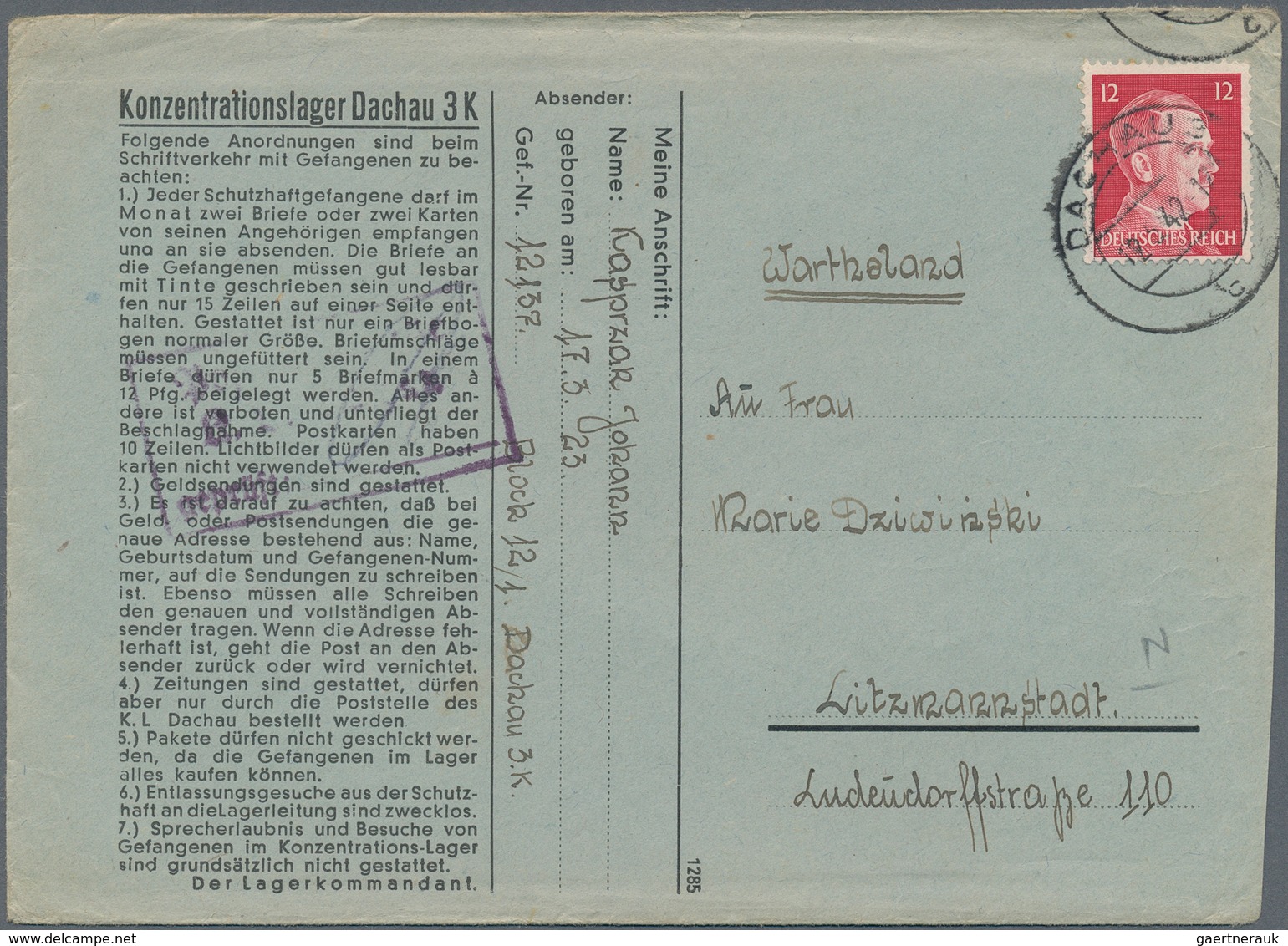 KZ-Post: KZ DACHAU: 1942, Vordruckbrief Mit Kpl. Inhalt Nach Litzmannstadt, Im Briefinhalt Vermerk ü - Covers & Documents