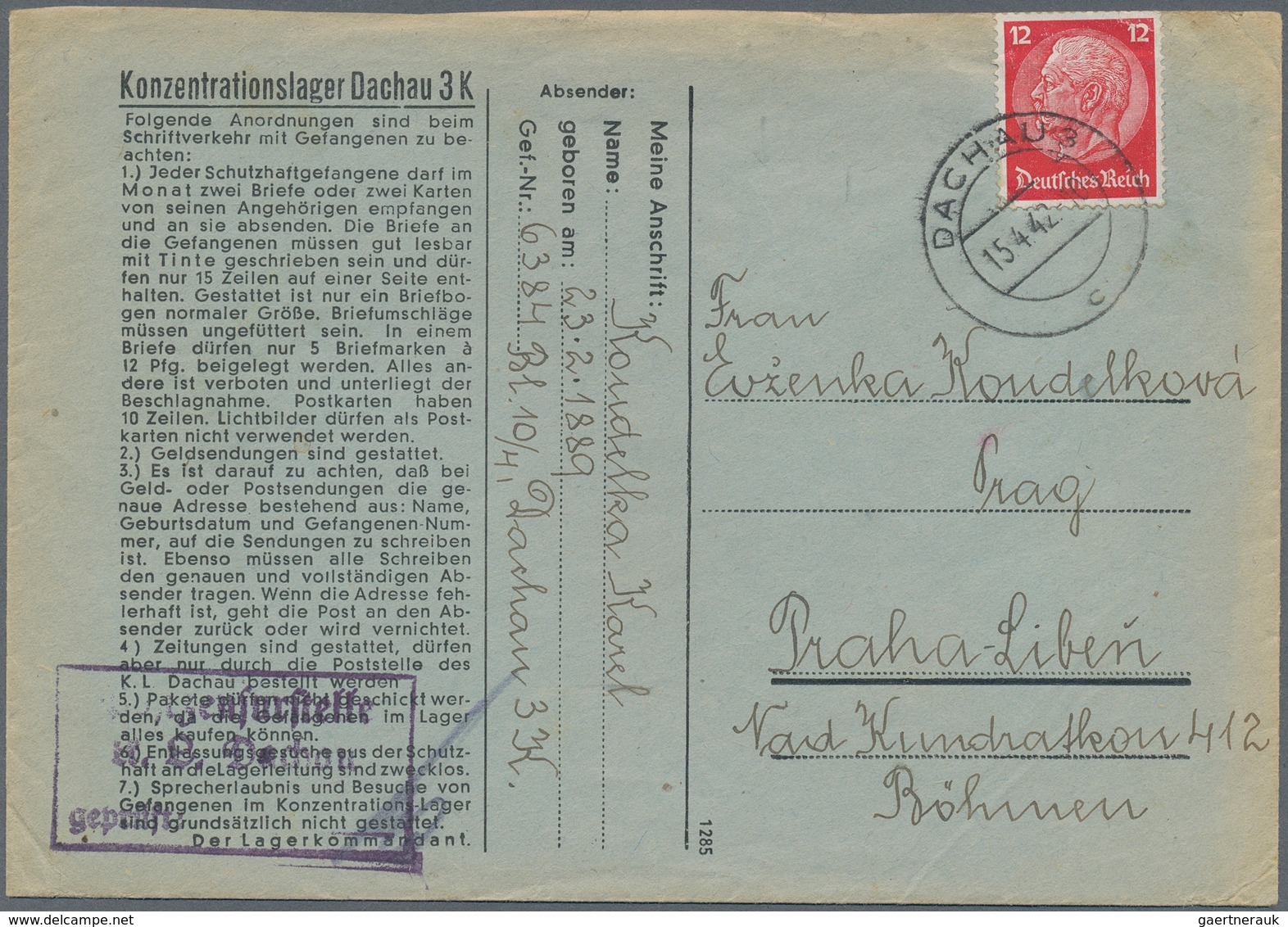 KZ-Post: KZ DACHAU: 1942, Kompletter Vordruck-Brief Mit Inhalt Nach Prag - Briefe U. Dokumente