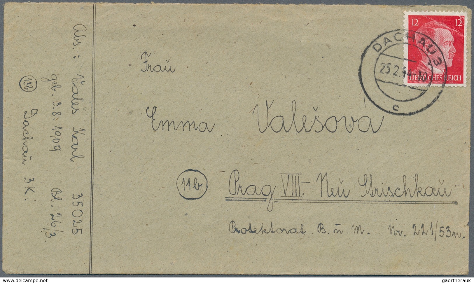 KZ-Post: KZ DACHAU: 1944, Kompletter Brief Im Neutralen Umschlag Mit Inhalt/Faltbrief-Formular, Das - Lettres & Documents
