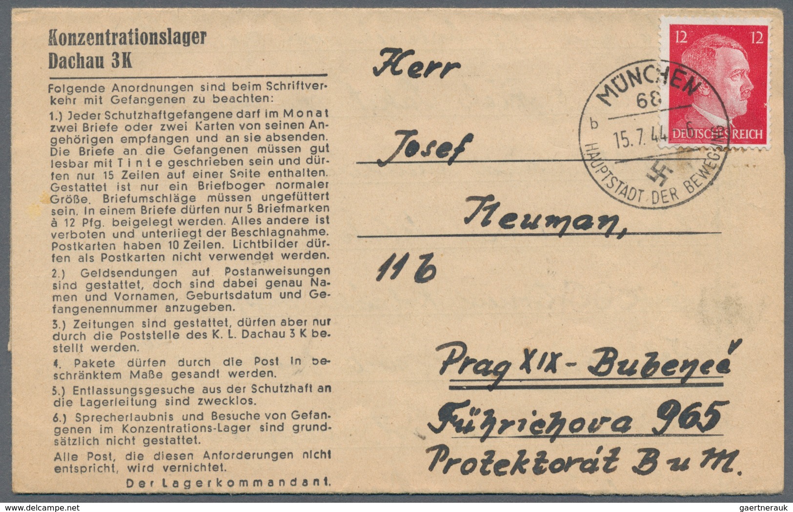 KZ-Post: Dauchau - München (Allach): 1944, 12 Pfg. Hitler Mit Stempel "MÜNCHEN 68 15.7." Auf Kpl. Fa - Briefe U. Dokumente