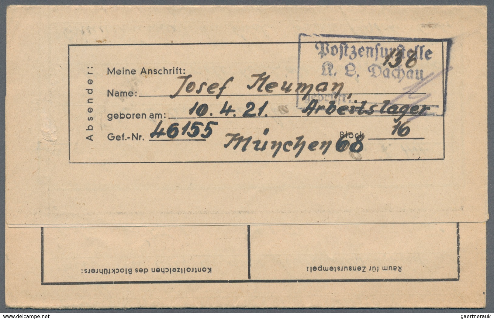 KZ-Post: Dauchau - München (Allach): 1944, 12 Pfg. Hitler Mit Stempel "MÜNCHEN 68 15.7." Auf Kpl. Fa - Lettres & Documents