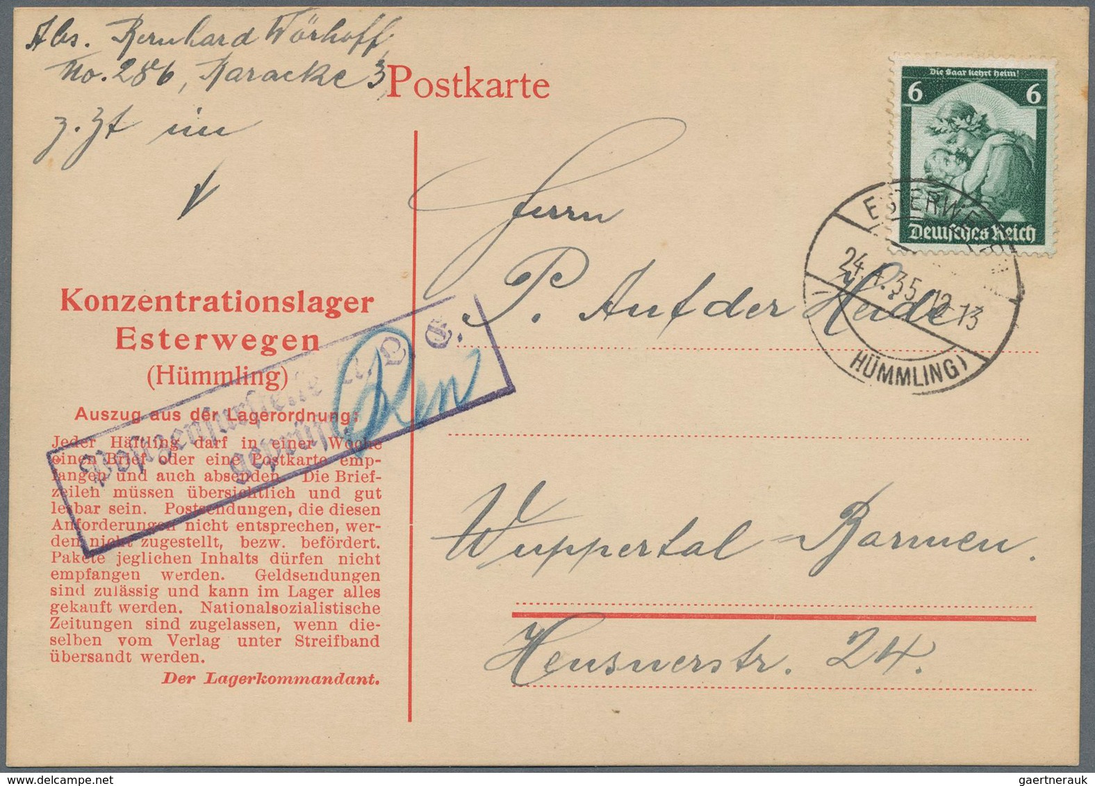 KZ-Post: 1935 (24.4.), Vordruckkarte (beiger Karton Mit Rotem Eindruck) Eines Häftlings Aus Dem Konz - Lettres & Documents
