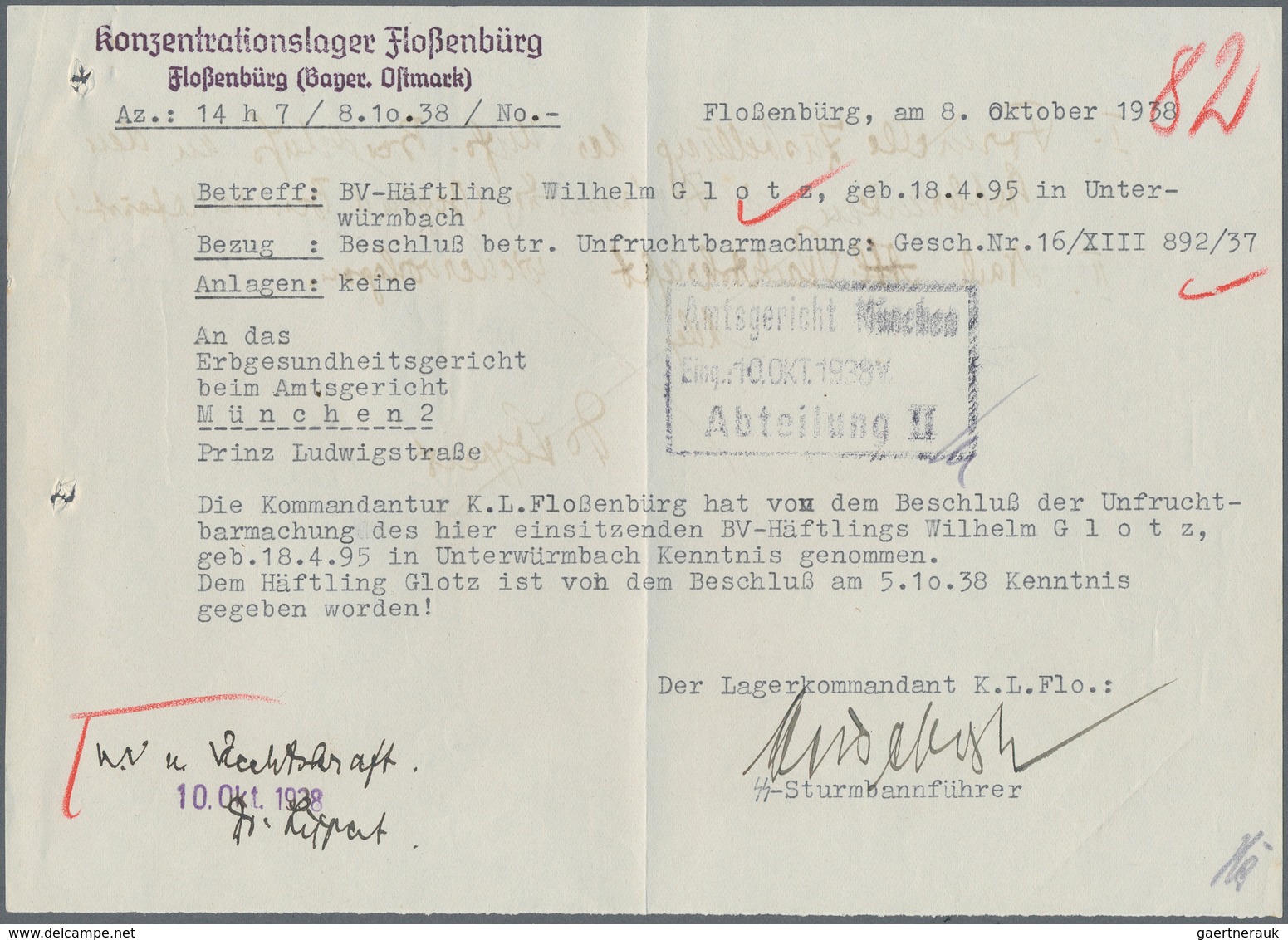 KZ-Post: KZ FLOSSENBÜRG: 1938, "Sterilisation Im KZ", Extrem Seltenes Dokument - Briefe U. Dokumente