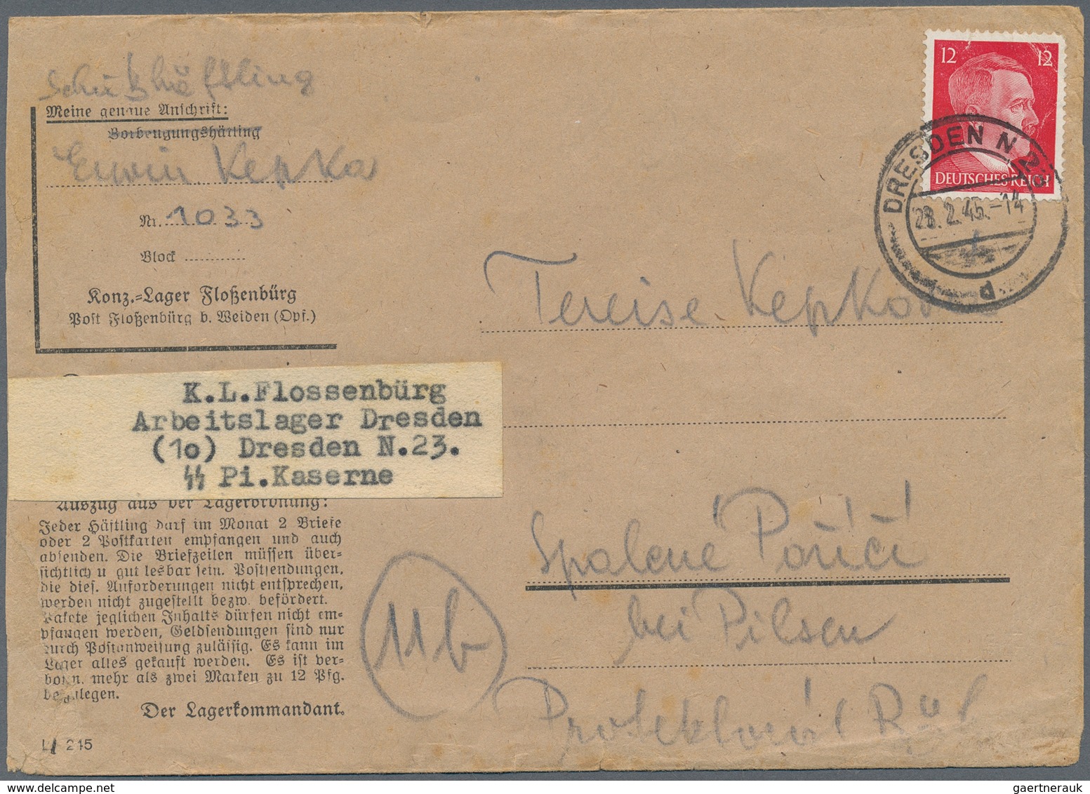 KZ-Post: KZ FLOSSENBÜRG: 1945, Vordruck-Umschlag Aus Dem Arbeitslager Dresden Mit Sehr Seltenem Aufk - Covers & Documents