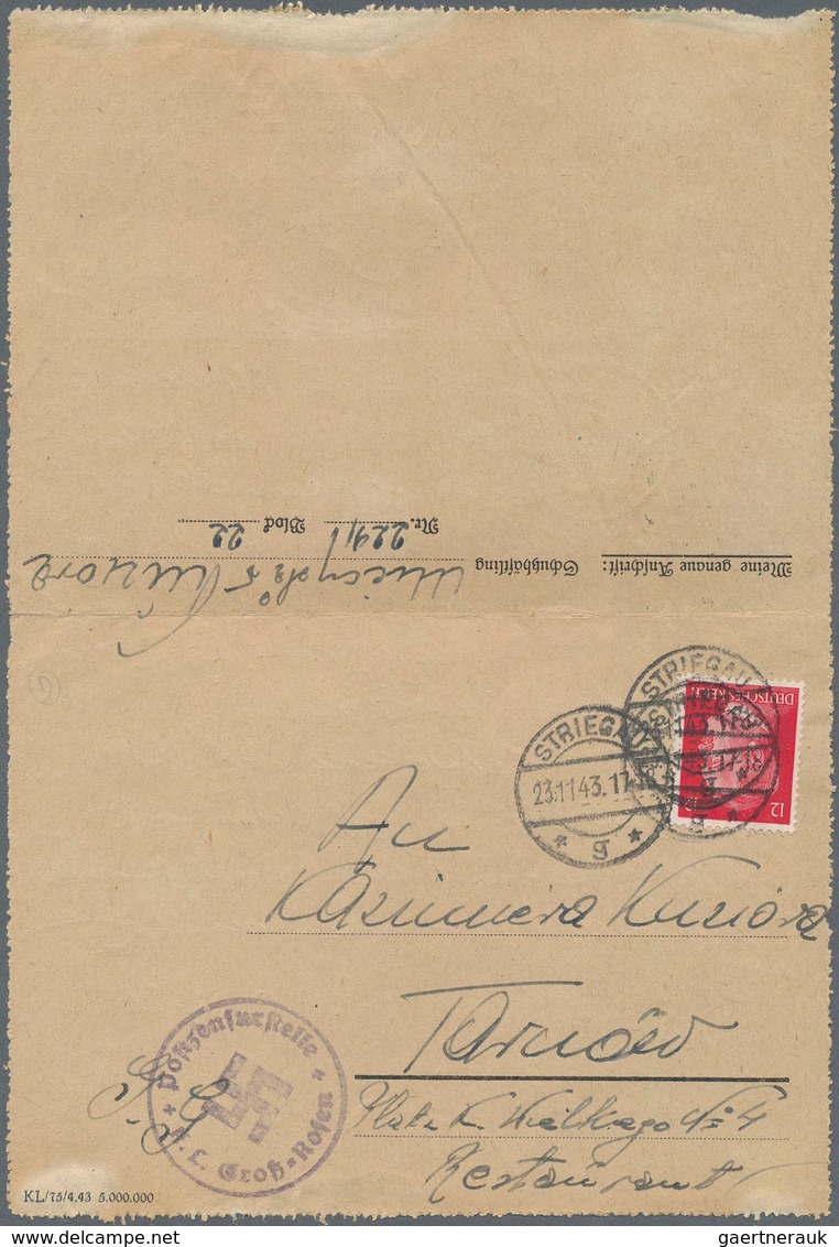 KZ-Post: 1943 (23.11.), Vordruck-Faltbrief (Innenseite: Dekorative Wasserfarben-Illustration "Haus M - Covers & Documents