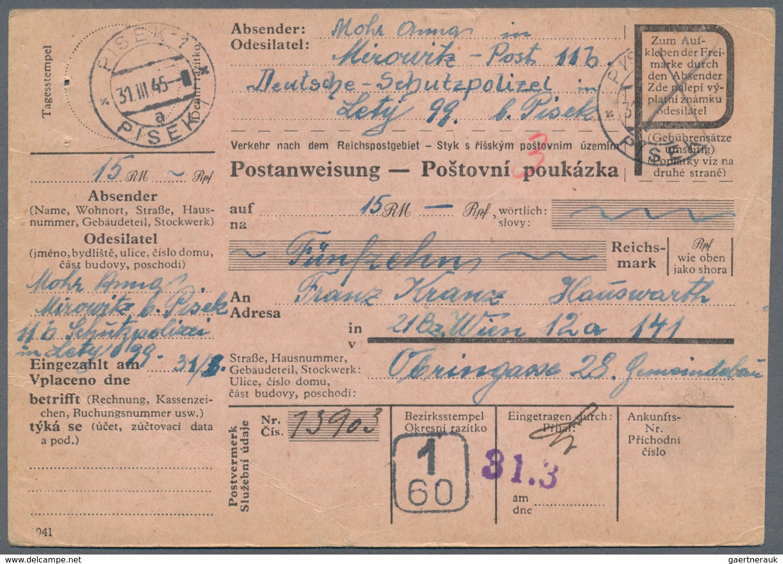 KZ-Post: KZ Lety: 1945, Kpl. Postanweisung (Frankatur Entfernt) Aus "PISEK 31.III." Mit Absenderverm - Covers & Documents