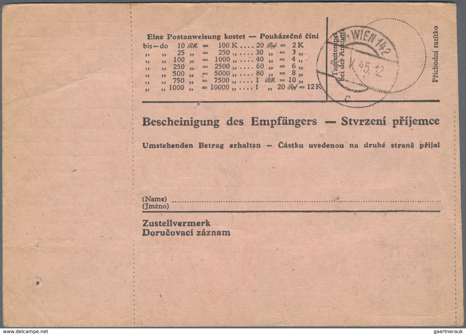 KZ-Post: KZ Lety: 1945, Kpl. Postanweisung (Frankatur Entfernt) Aus "PISEK 31.III." Mit Absenderverm - Covers & Documents