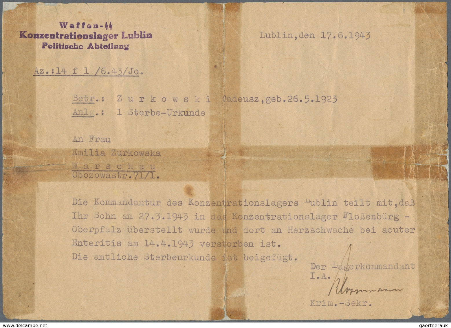 KZ-Post: KZ LUBLIN: 1943, Schreiben Ohne Umschlag Der Politischen Abteilung Wegen Verlegung Und Glei - Covers & Documents
