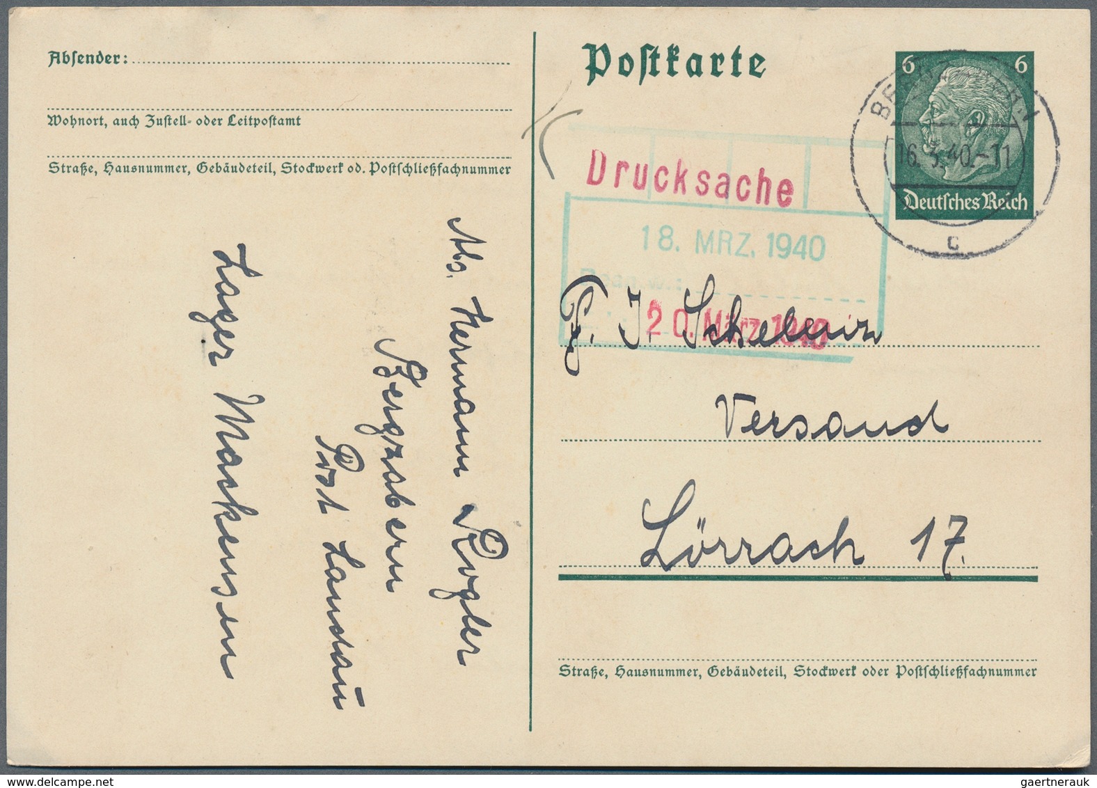 KZ-Post: 1940, 6 Pfg. Hindenburg Ganzsachenkarte Ab Bergzabern. Der Absender Kam Aus Dem Lager Macke - Covers & Documents