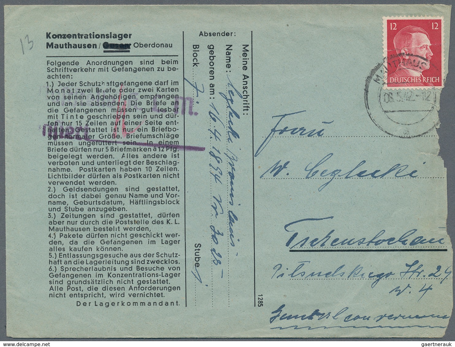 KZ-Post: KZ MAUTHAUSEN: 1942, Kompletter Vordruck-Brief Mit Inhalt Nach Tschenstochau Mit Zensurstem - Covers & Documents