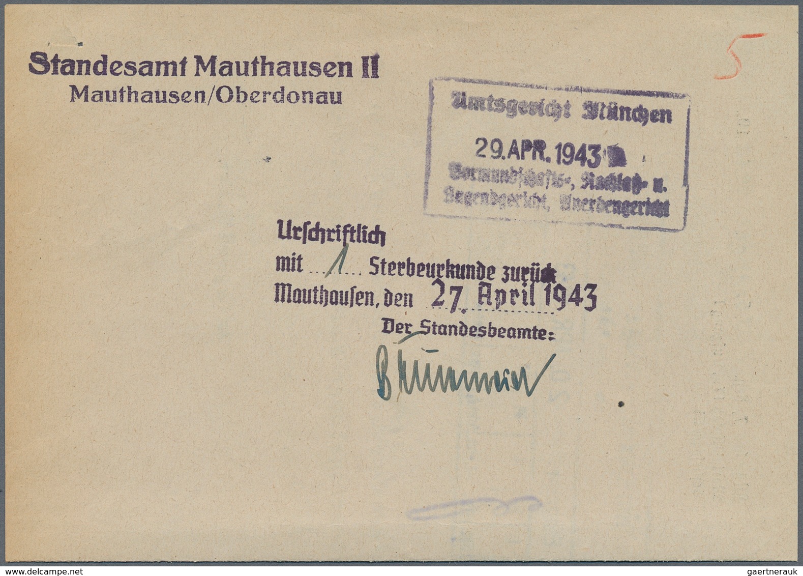 KZ-Post: KZ MAUTHAUSEN: 1943, Anschreiben "Nachlaß Betreffend..." Wegen Einer Todesurkunde Vom Amtsg - Covers & Documents