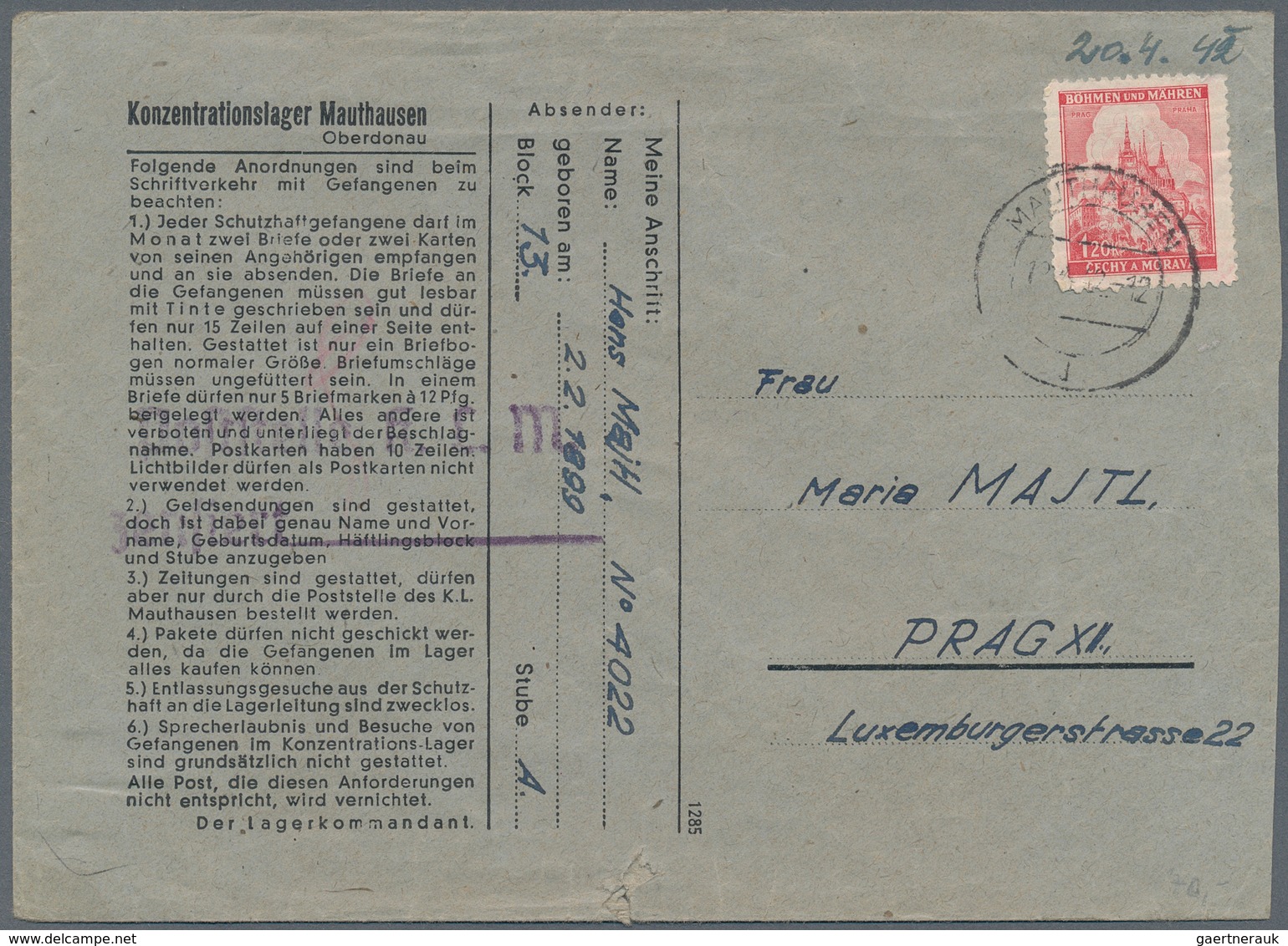 KZ-Post: KZ MAUTHAUSEN: 1944, Vorgedruckter Briefumschlag Frankiert Mit B+M-Marke, Ohne Beanstandung - Covers & Documents