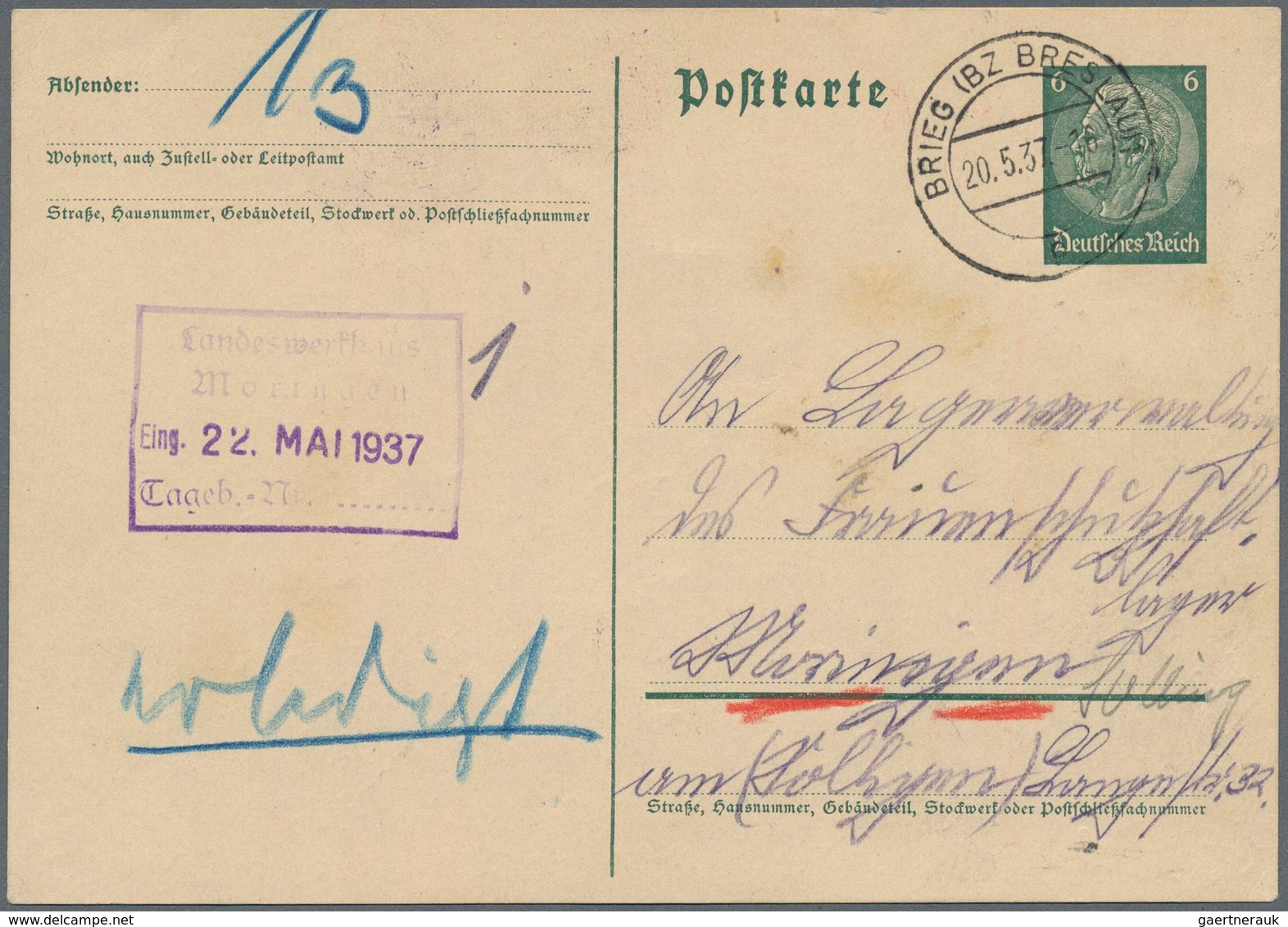 KZ-Post: 1937 (20.5.), 6 Pfg. GA-Karte Hindenburg (Text: Bitte Um Zusendung Der Entlassungsbescheini - Covers & Documents