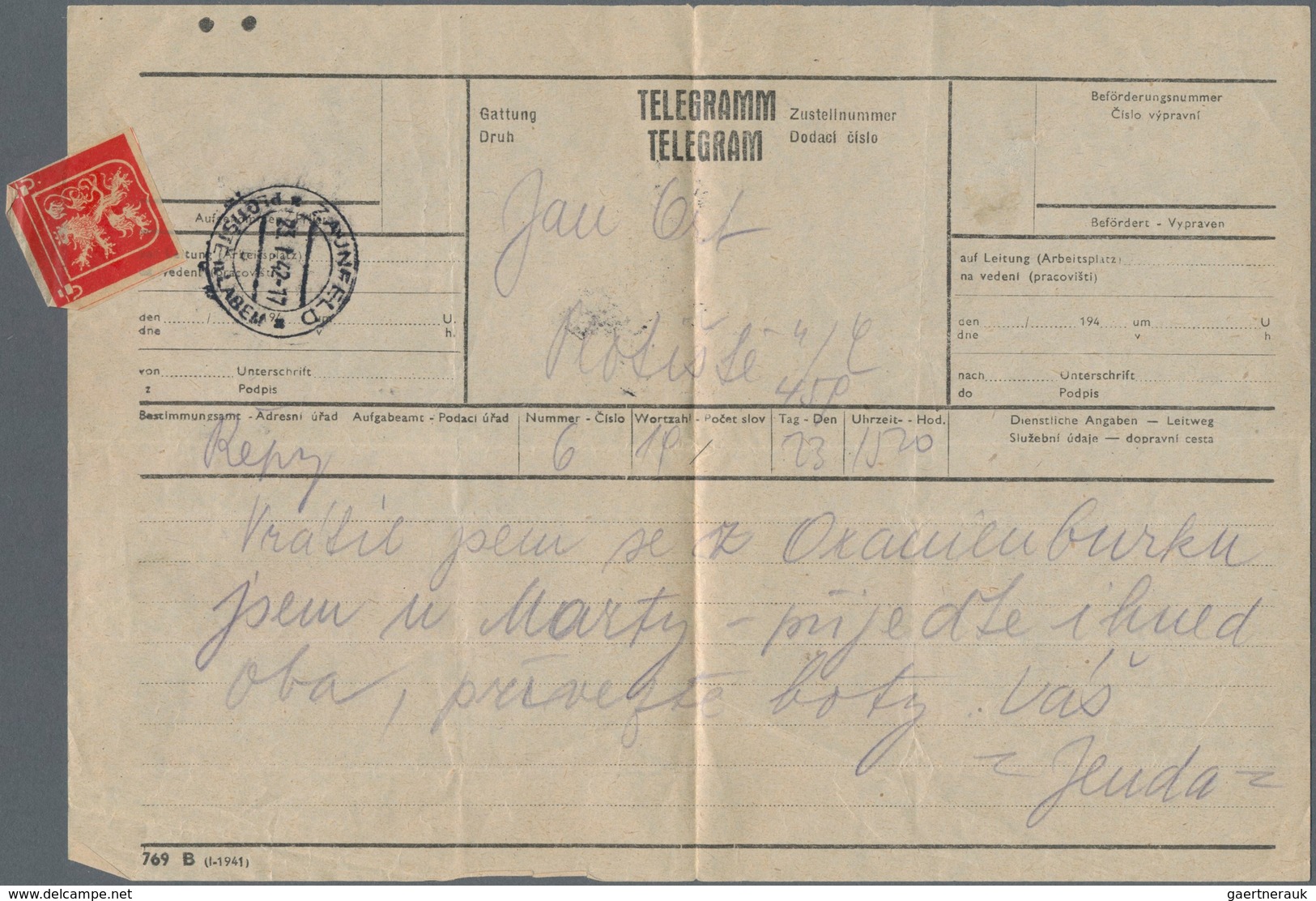 KZ-Post: Oranienburg: 1942, Telegramm Mit Tagesstempel "ZAUNFELD 23.1.42" Mit Tschechischem Text übe - Covers & Documents