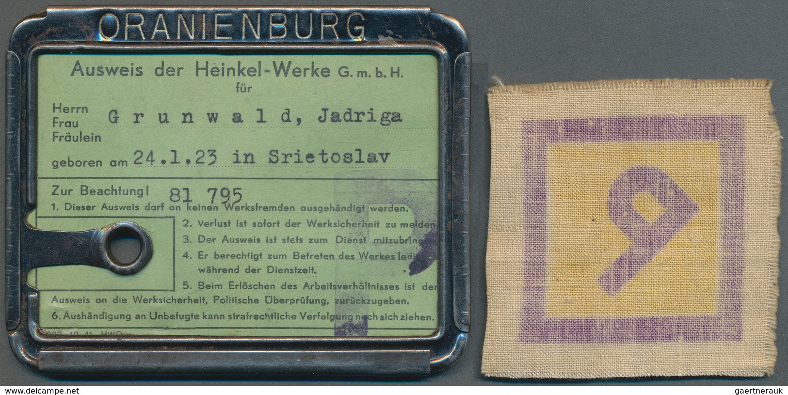 KZ-Post: KZ ORANIENBURG: 1945, Ausweis Der Heinkel-Werke GmbH Für Eine Zwangsarbeiterin (geb. 1923 I - Covers & Documents