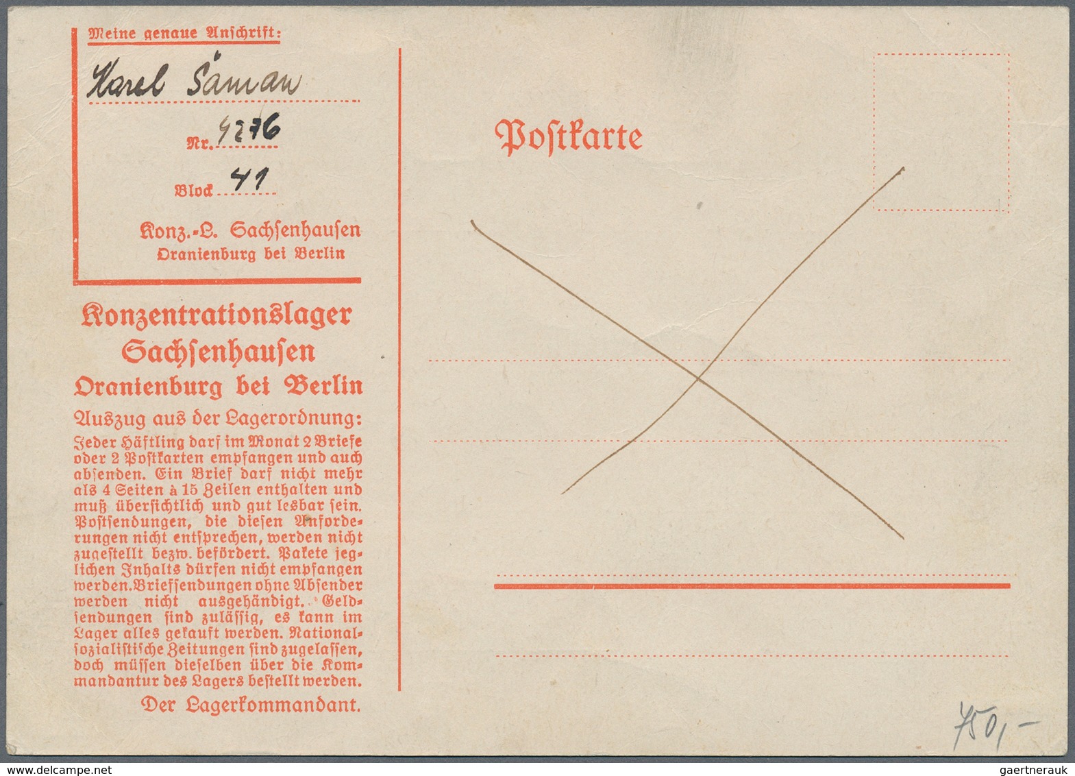 KZ-Post: KZ SACHSENHAUSEN: 1938, Sogenannte Zugangskarte, Diese Wurde In Zum Teil Neutralen Umschläg - Covers & Documents