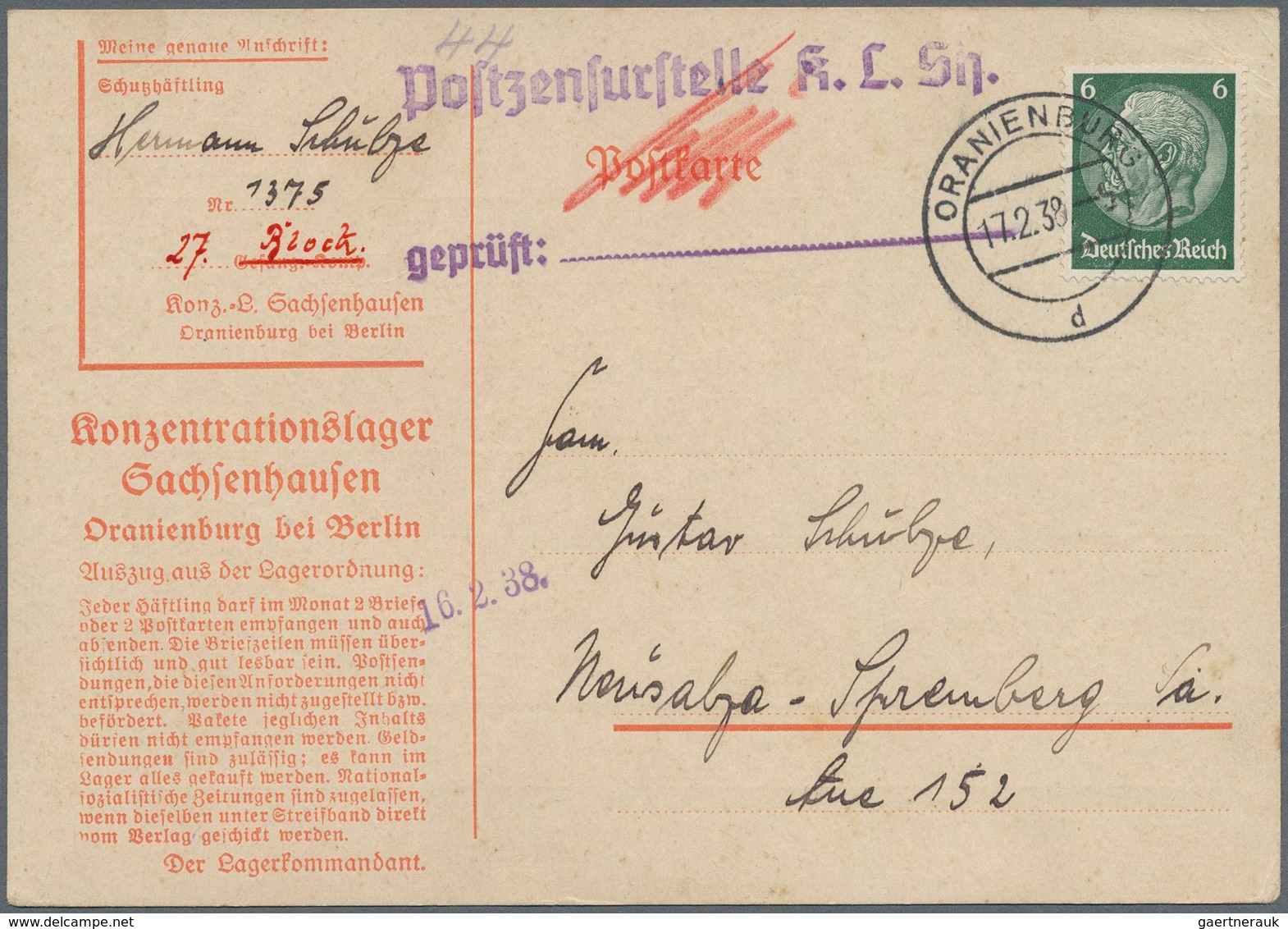 KZ-Post: 1938 (17.2.), Vordruckkarte (beiger Karton Mit Rotem Eindruck "Gefang. Komp." Hds. In "Bloc - Covers & Documents