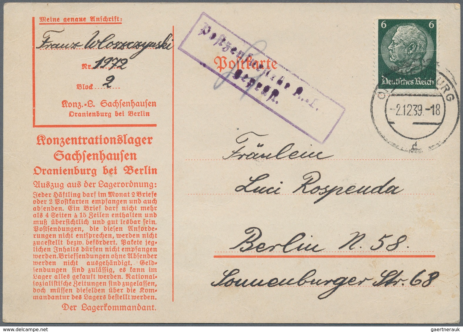 KZ-Post: KZ SACHSENHAUSEN: 1939, Frühe Vordruck-Postkarte Mit Seltenem Zensurstempel - Covers & Documents