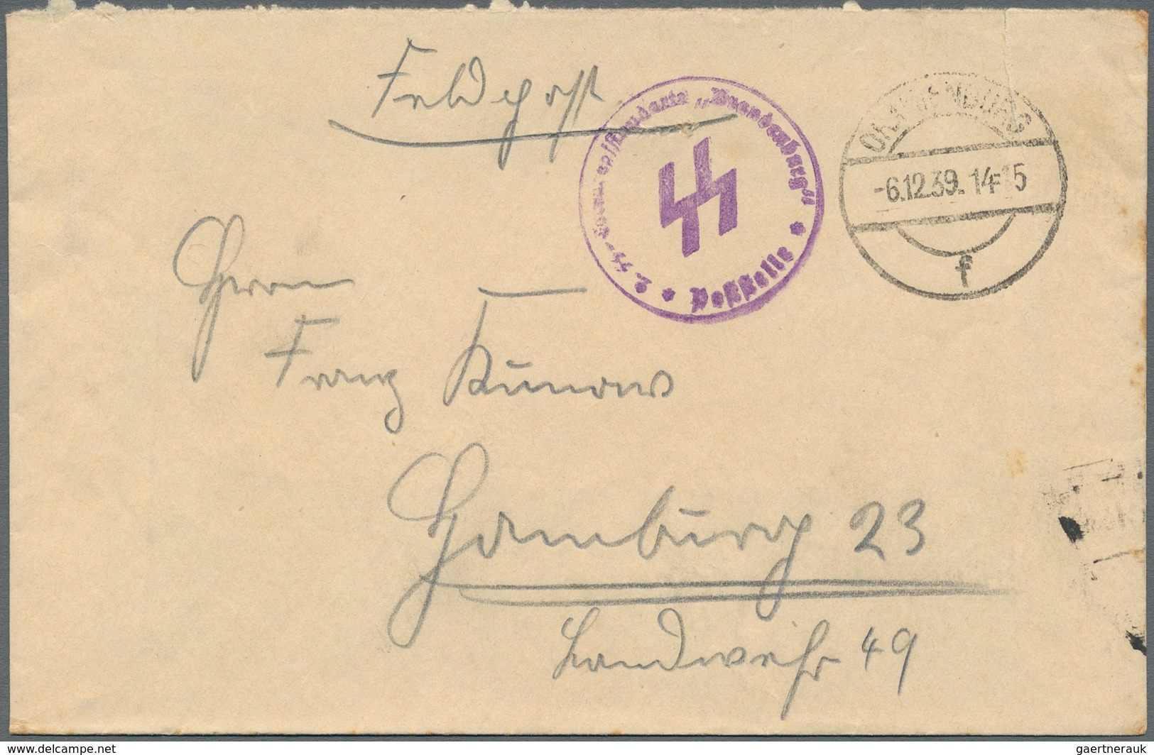 KZ-Post: 1939 Brief Der SS-Totenkopfstandarte "Brandenburg" Von Oranienburg Nach Hamburg, Diese Einh - Covers & Documents